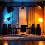 A photograph of a well-designed recording studio with strategically placed lighting fixtures