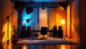 A photograph of a well-designed recording studio with strategically placed lighting fixtures