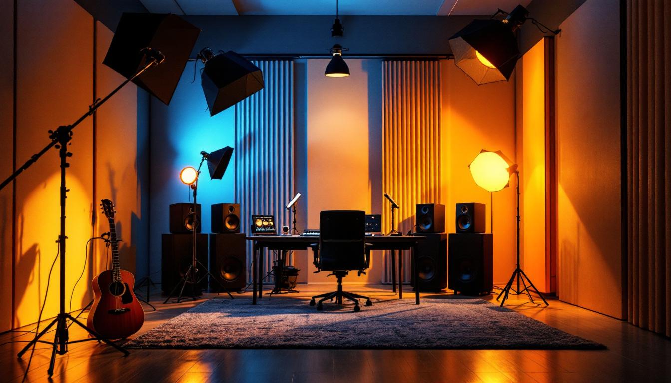 A photograph of a well-designed recording studio with strategically placed lighting fixtures