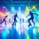 A photograph of a vibrant roller skating rink illuminated by colorful