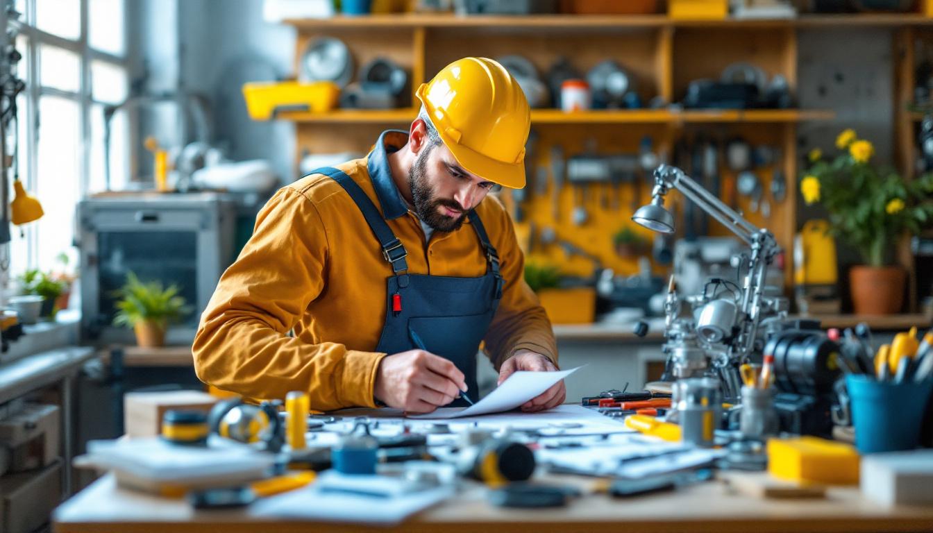 A photograph of a lighting contractor examining various lighting parts and accessories in a well-organized workshop
