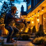 A photograph of a skilled lighting contractor installing or adjusting outdoor lighting fixtures in a beautifully landscaped yard during the golden hour