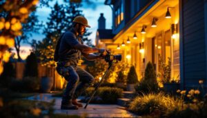 A photograph of a skilled lighting contractor installing or adjusting outdoor lighting fixtures in a beautifully landscaped yard during the golden hour