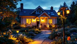 A photograph of a beautifully lit cottage exterior at dusk