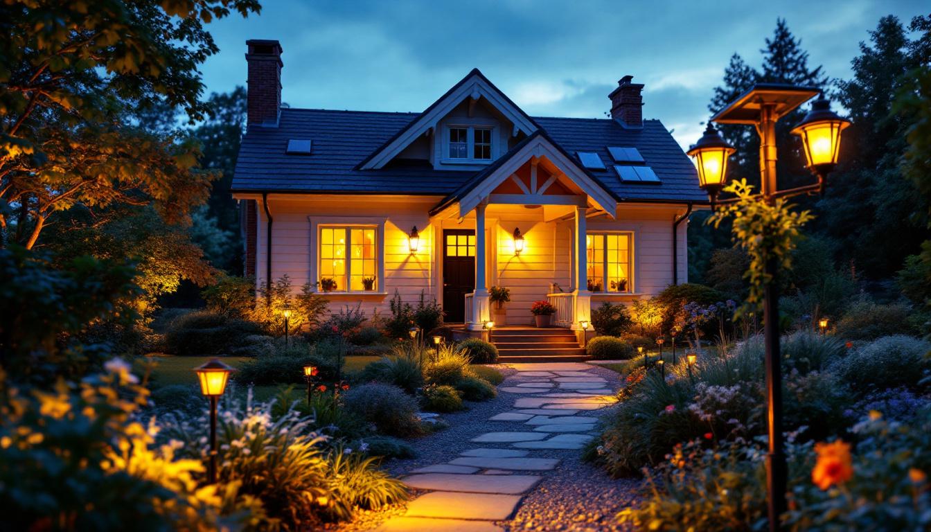 A photograph of a beautifully lit cottage exterior at dusk
