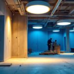 A photograph of a modern construction site showcasing recessed lighting installations in various stages