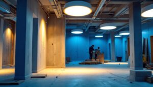 A photograph of a modern construction site showcasing recessed lighting installations in various stages