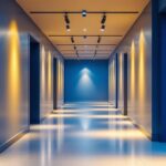A photograph of a modern hallway featuring stylish track lighting