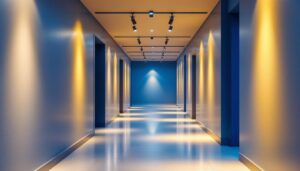 A photograph of a modern hallway featuring stylish track lighting