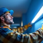 A photograph of a lighting contractor installing or inspecting a 4-foot led tube light in a commercial or residential setting