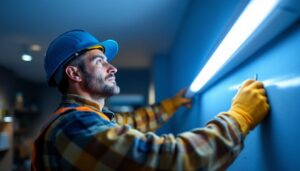 A photograph of a lighting contractor installing or inspecting a 4-foot led tube light in a commercial or residential setting
