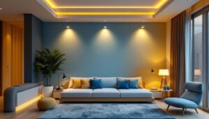 A photograph of a stylishly designed room showcasing recessed led lighting in action