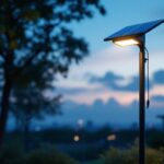 A photograph of a solar led pole light illuminating a modern outdoor space at dusk