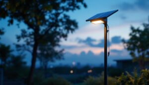 A photograph of a solar led pole light illuminating a modern outdoor space at dusk