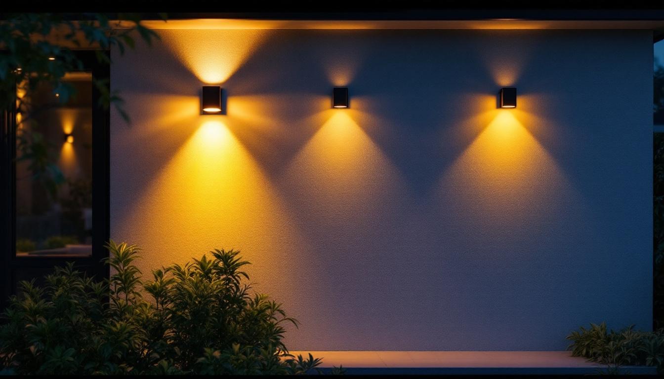 A photograph of a beautifully illuminated exterior wall featuring stylish photocell-activated lights in a residential or commercial setting