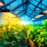A photograph of a well-lit greenhouse interior showcasing various types of grow lights in action