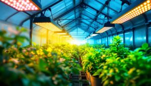 A photograph of a well-lit greenhouse interior showcasing various types of grow lights in action