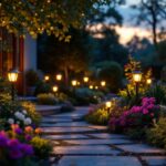 A photograph of a beautifully illuminated garden at dusk