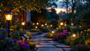 A photograph of a beautifully illuminated garden at dusk