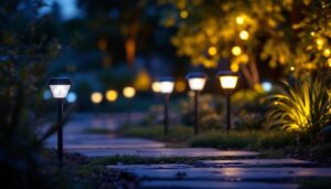 A photograph of a beautifully illuminated outdoor scene featuring various styles of solar-powered night lights in a garden or pathway setting