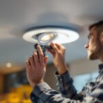 A photograph of a lighting contractor expertly installing a recessed retrofit downlight in a modern home setting