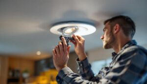 A photograph of a lighting contractor expertly installing a recessed retrofit downlight in a modern home setting