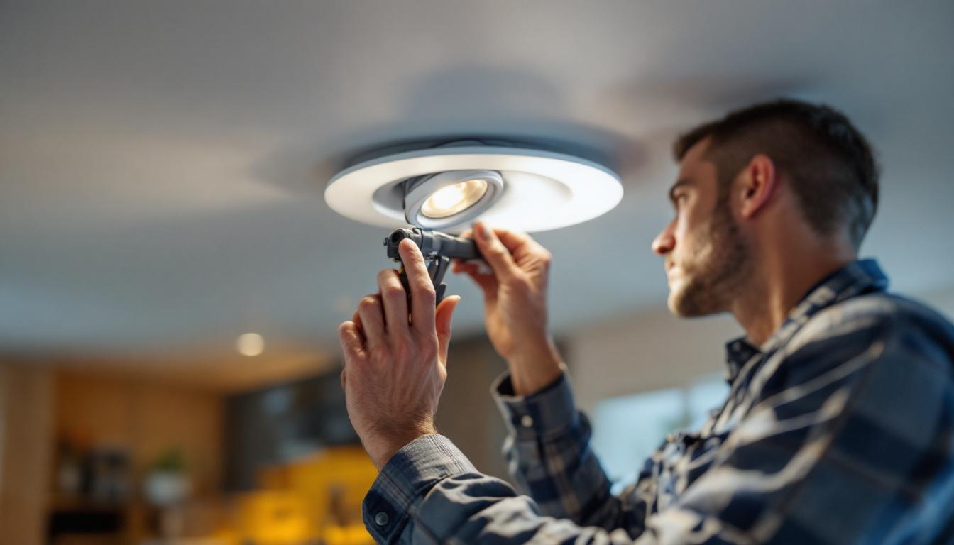 A photograph of a lighting contractor expertly installing a recessed retrofit downlight in a modern home setting