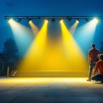 A photograph of a well-lit outdoor space featuring bright flood lights in action
