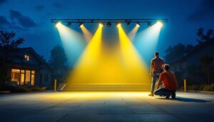 A photograph of a well-lit outdoor space featuring bright flood lights in action