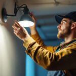 A photograph of a skilled lighting contractor expertly installing or adjusting a high-quality lighting fixture in a beautifully illuminated space