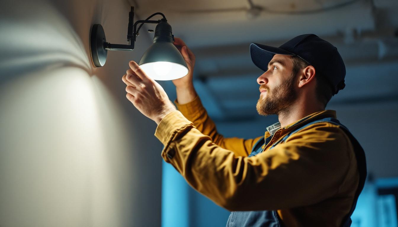 A photograph of a skilled lighting contractor expertly installing or adjusting a high-quality lighting fixture in a beautifully illuminated space