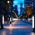A photograph of a well-lit urban street scene featuring modern