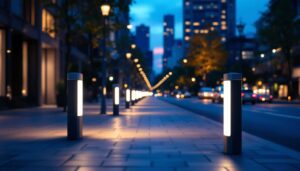 A photograph of a well-lit urban street scene featuring modern