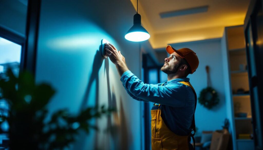 A photograph of a skilled lighting contractor installing or adjusting a modern human sensor light in a residential or commercial setting