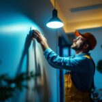 A photograph of a skilled lighting contractor installing or adjusting a modern human sensor light in a residential or commercial setting