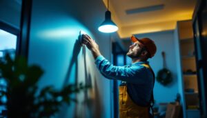 A photograph of a skilled lighting contractor installing or adjusting a modern human sensor light in a residential or commercial setting