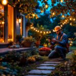 A photograph of a lighting contractor skillfully installing outdoor wire lights in a beautifully illuminated garden setting