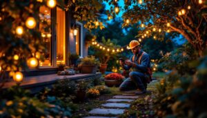 A photograph of a lighting contractor skillfully installing outdoor wire lights in a beautifully illuminated garden setting