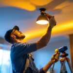 A photograph of a skilled lighting contractor installing stylish ceiling lights in a modern room