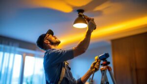 A photograph of a skilled lighting contractor installing stylish ceiling lights in a modern room