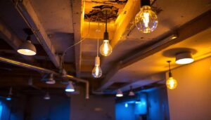 A photograph of a well-lit unfinished basement ceiling showcasing various lighting options