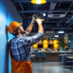 A photograph of a lighting contractor installing osram sylvania led fixtures in a modern commercial space