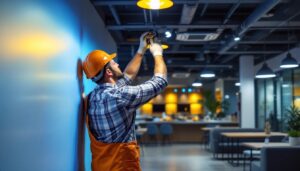 A photograph of a lighting contractor installing osram sylvania led fixtures in a modern commercial space