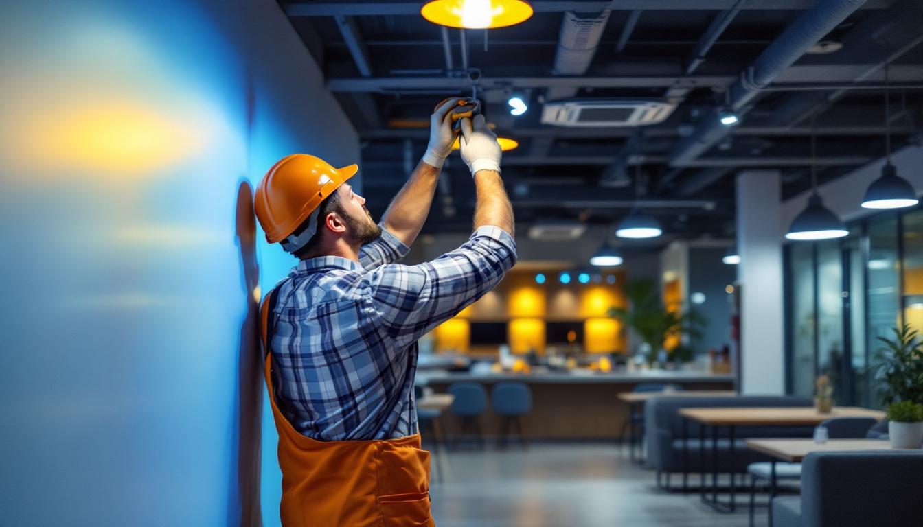 A photograph of a lighting contractor installing osram sylvania led fixtures in a modern commercial space