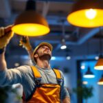 A photograph of a lighting contractor expertly installing innovative light fixtures in a modern space