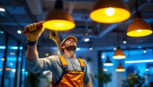 A photograph of a lighting contractor expertly installing innovative light fixtures in a modern space