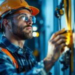 A photograph of a skilled lighting contractor installing or inspecting a plug and receptacle in a well-lit environment