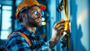 A photograph of a skilled lighting contractor installing or inspecting a plug and receptacle in a well-lit environment