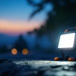 A photograph of a portable flood light in action