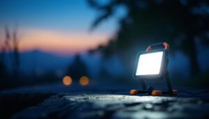 A photograph of a portable flood light in action